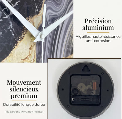 Horloge Murale Design Effet Marbre en Verre Trempé, Silencieuse et Épurée – Marbrix