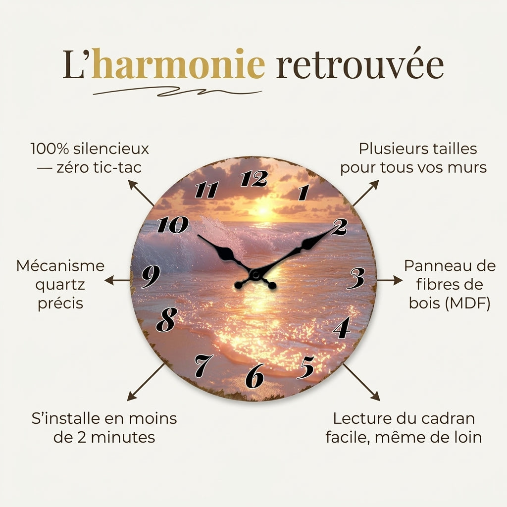Horloge Murale Originale Coucher de Soleil Marin, Silencieuse – Ondalia
