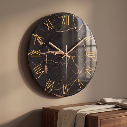 Horloge Murale Design en Verre Trempé Effet Marbre Noir et Or, Silencieuse et Raffinée – Marnova
