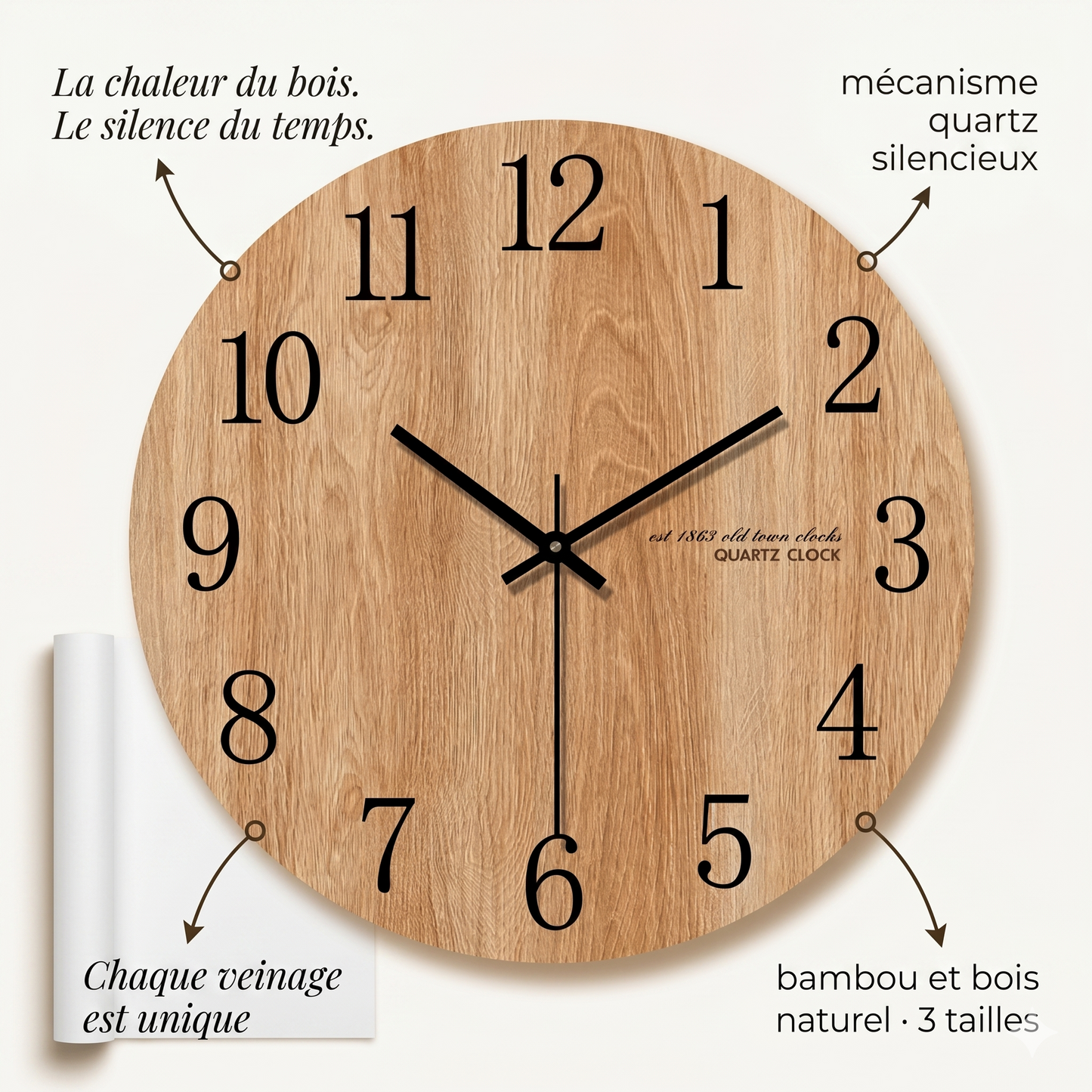 Horloge Murale Design Ronde en Bois, Silencieuse et Épurée – Sylvano