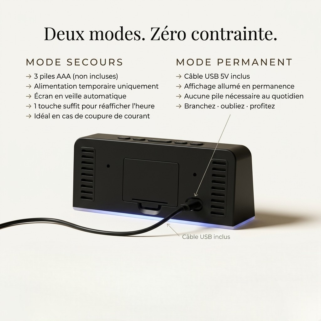 Horloge numérique LED RGB avec double alarme, lumière d’ambiance et luminosité réglable – Velanga