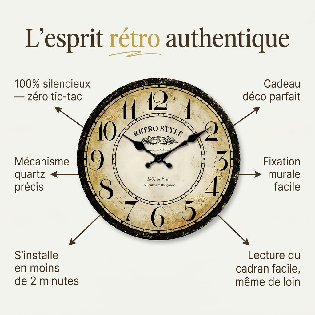 Horloge Murale Vintage Signée Horloger Parisien, Silencieuse – Montmarta