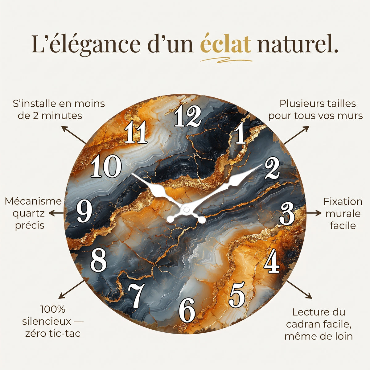 Horloge Murale Design Marbre Élégant, Silencieuse – Marbella