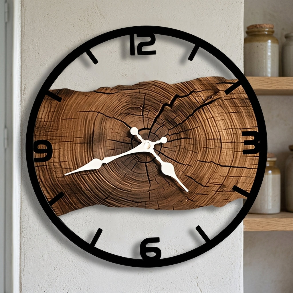 Horloge Murale en Bois Motif Cernes, Silencieuse et Rustique – Cernova