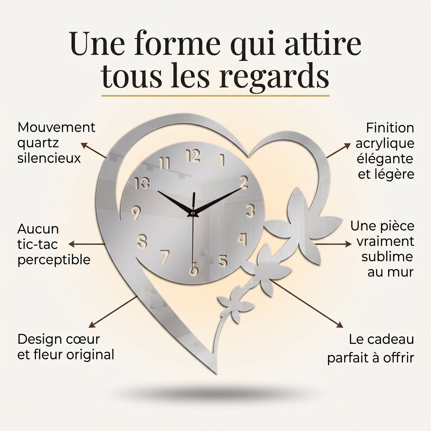 Horloge Murale Design Cœur et Fleur en Acrylique, Silencieuse  – Coeuria