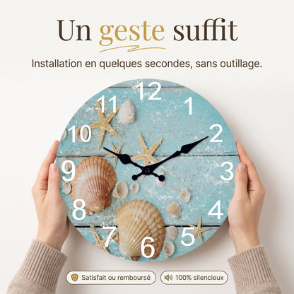 Horloge Murale en Bois Motif Étoiles de Mer, Silencieuse – Coralinne