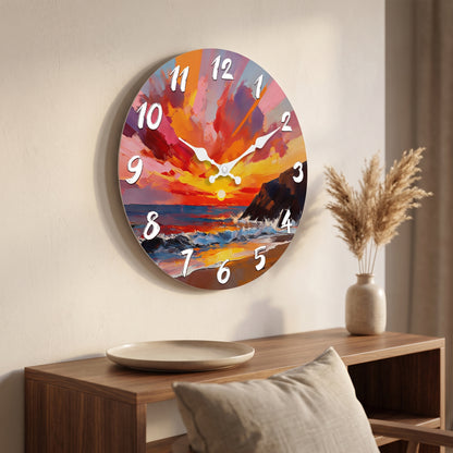 Horloge Murale en Bois Motif Coucher de Soleil Marin, Silencieuse – Horizéa