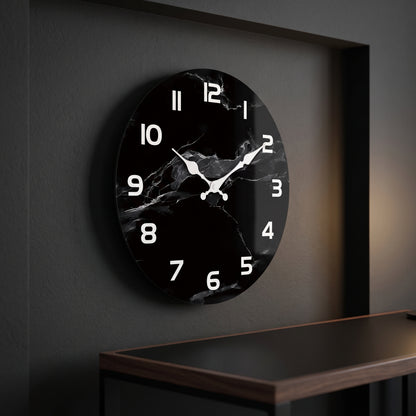 Horloge Murale Design en Bois Effet Marbre Noir, Silencieuse et Épurée – Onyxa