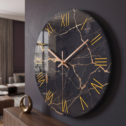 Horloge Murale Design en Verre Trempé Effet Marbre Noir et Or, Silencieuse et Raffinée – Marnova