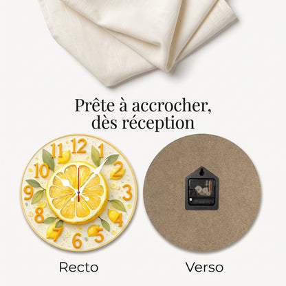 Horloge Murale Originale Motif Citron et Orange en Bois, Silencieuse et Décorative – Citrina