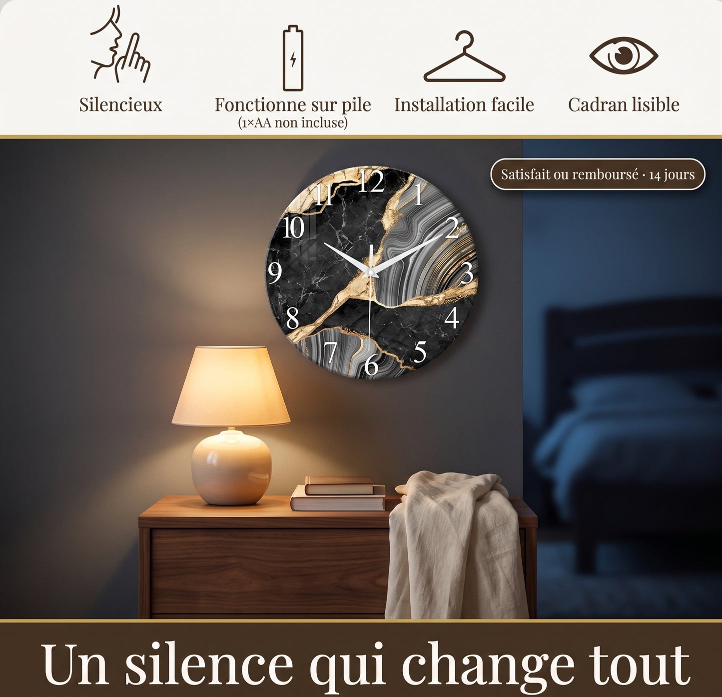 Horloge Murale Design Effet Marbre en Verre Trempé, Silencieuse et Épurée – Marbrix