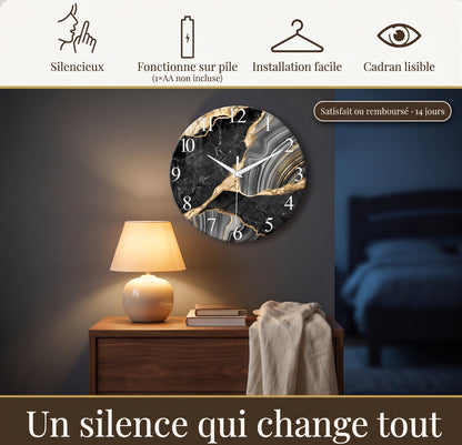Horloge Murale Design Effet Marbre en Verre Trempé, Silencieuse et Épurée – Marbrix