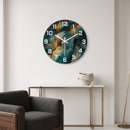 Horloge Murale Design Effet Marbre Bleu Sarcelle et Doré en MDF, Silencieuse et Élégante – Sarcelora