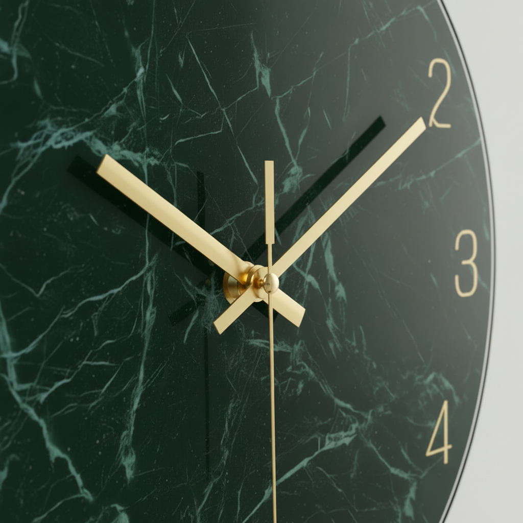 Horloge murale design en verre trempé effet marbre vert, analogique et silencieuse