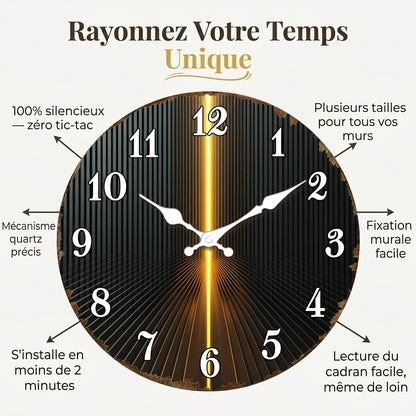 Horloge Murale Moderne Rayures Noir & Or, Silencieuse – Rayonna