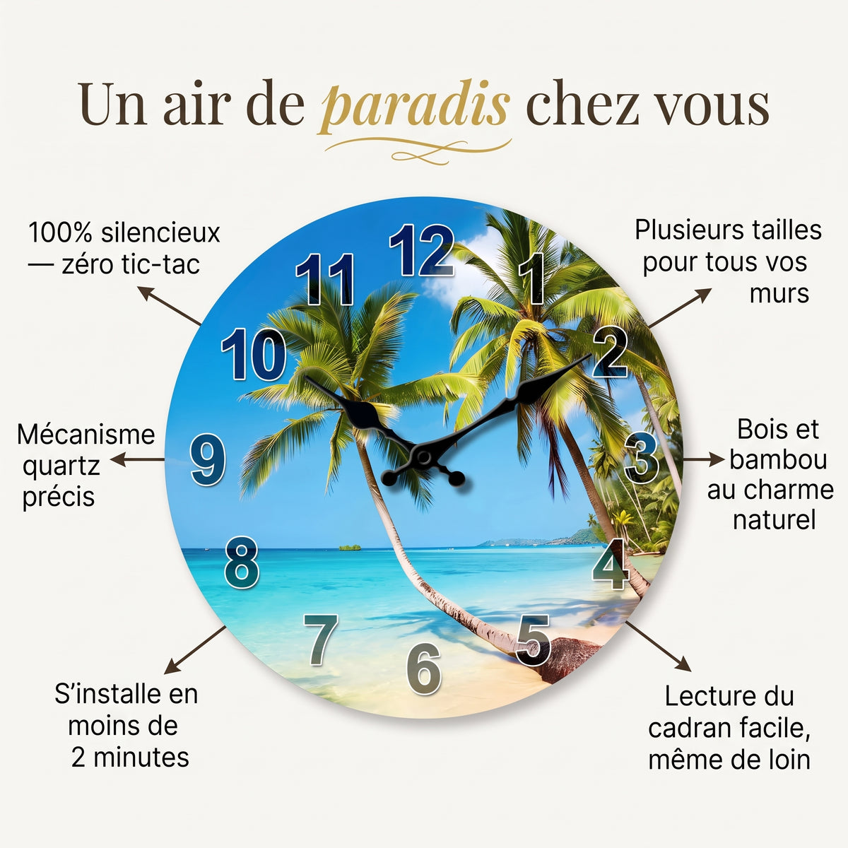 Horloge Murale Tropicale en Bois, Silencieuse – Palméa