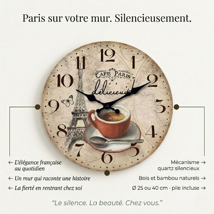 Horloge murale design en bois motif Paris et Tour Eiffel, analogique et silencieuse – Paris Café