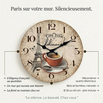 Horloge Murale Design Originale Motif Paris et Tour Eiffel, Analogique et Silencieuse – Paris Café