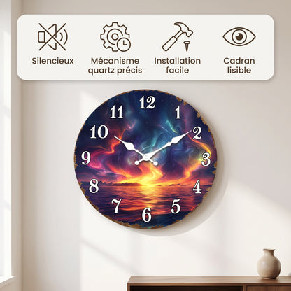 Horloge Murale Originale Paysage Océan Étoilé en MDF, Silencieuse et Artistique – Astravia