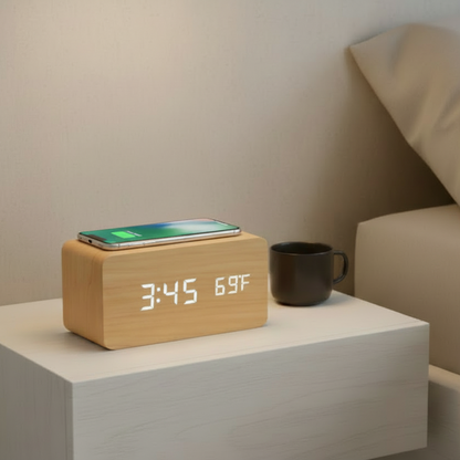 Réveil en Bois avec Recharge Sans Fil et 3 Alarmes – Chroniva