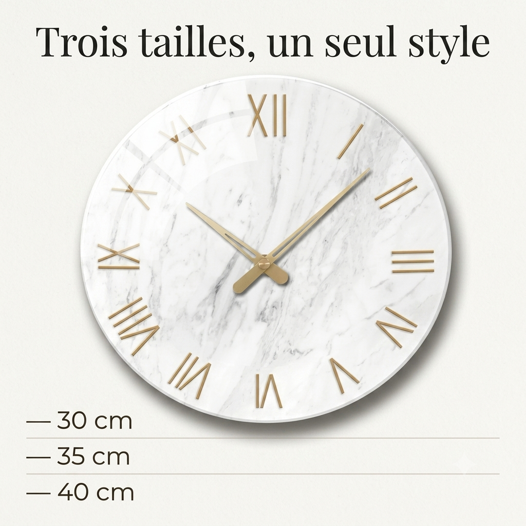 Horloge Murale Design Verre Trempé Effet Marbre, Chiffres Romains Dorés et Silencieuse – Marbreo