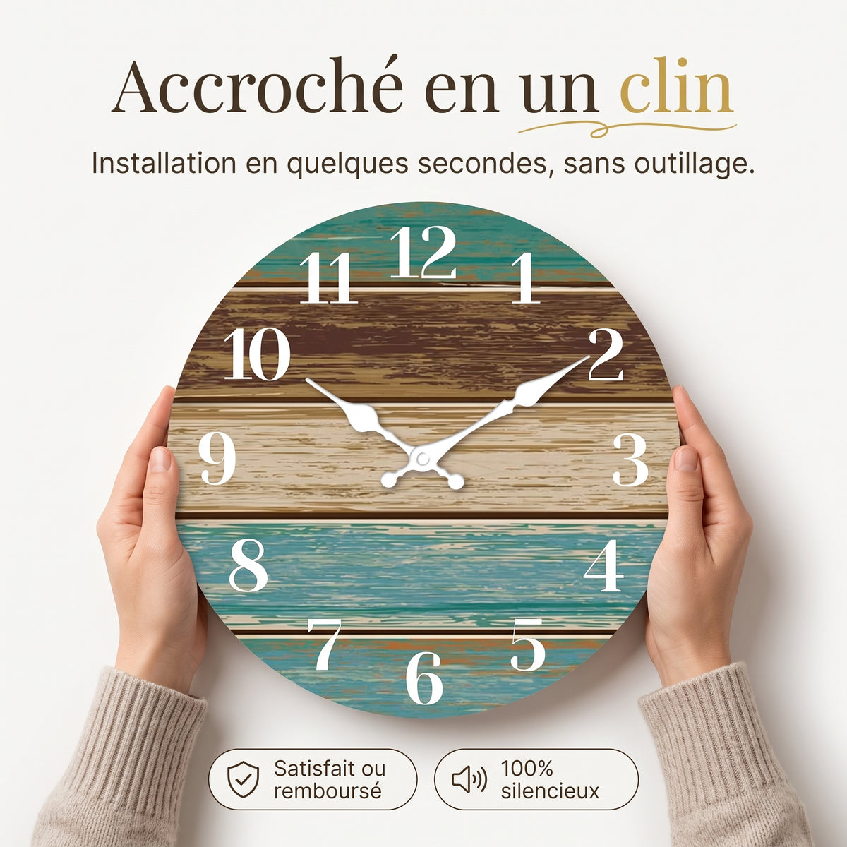 Horloge Murale Originale Silencieuse en Bois, Thème Bord de Mer Bleu et Brun – Côtelia