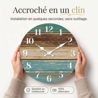 Horloge Murale Originale Silencieuse en Bois, Thème Bord de Mer Bleu et Brun – Côtelia