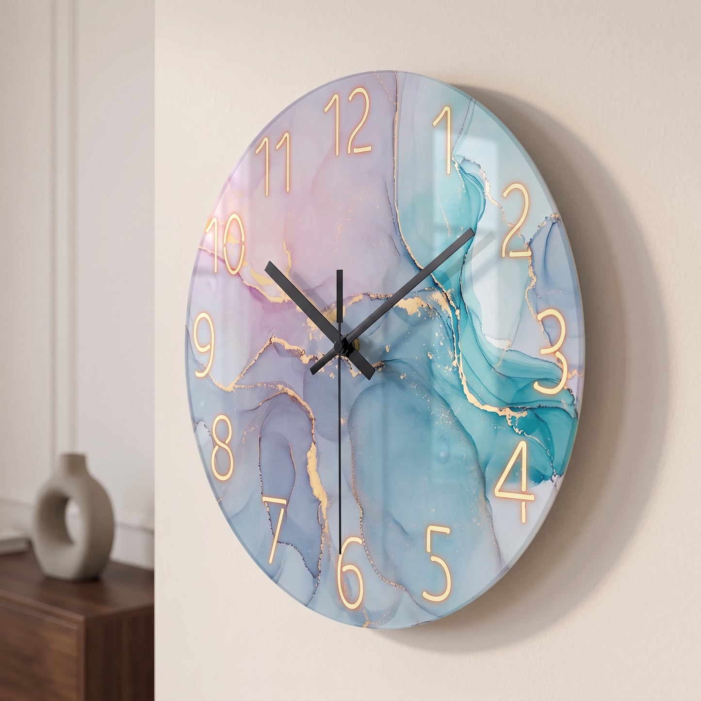 Horloge Murale Design en Verre Trempé Effet Marbre, Silencieuse et Moderne – Marelia