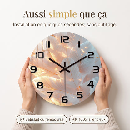 Horloge Murale Originale Plumes Blanches Délicates, Silencieuse – Plumessa