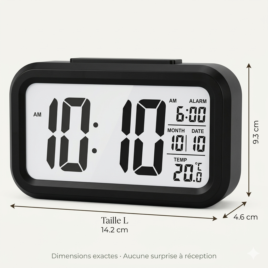 Horloge Numérique LED Grand Écran avec Snooze, Calendrier & Rétroéclairage – Noctira