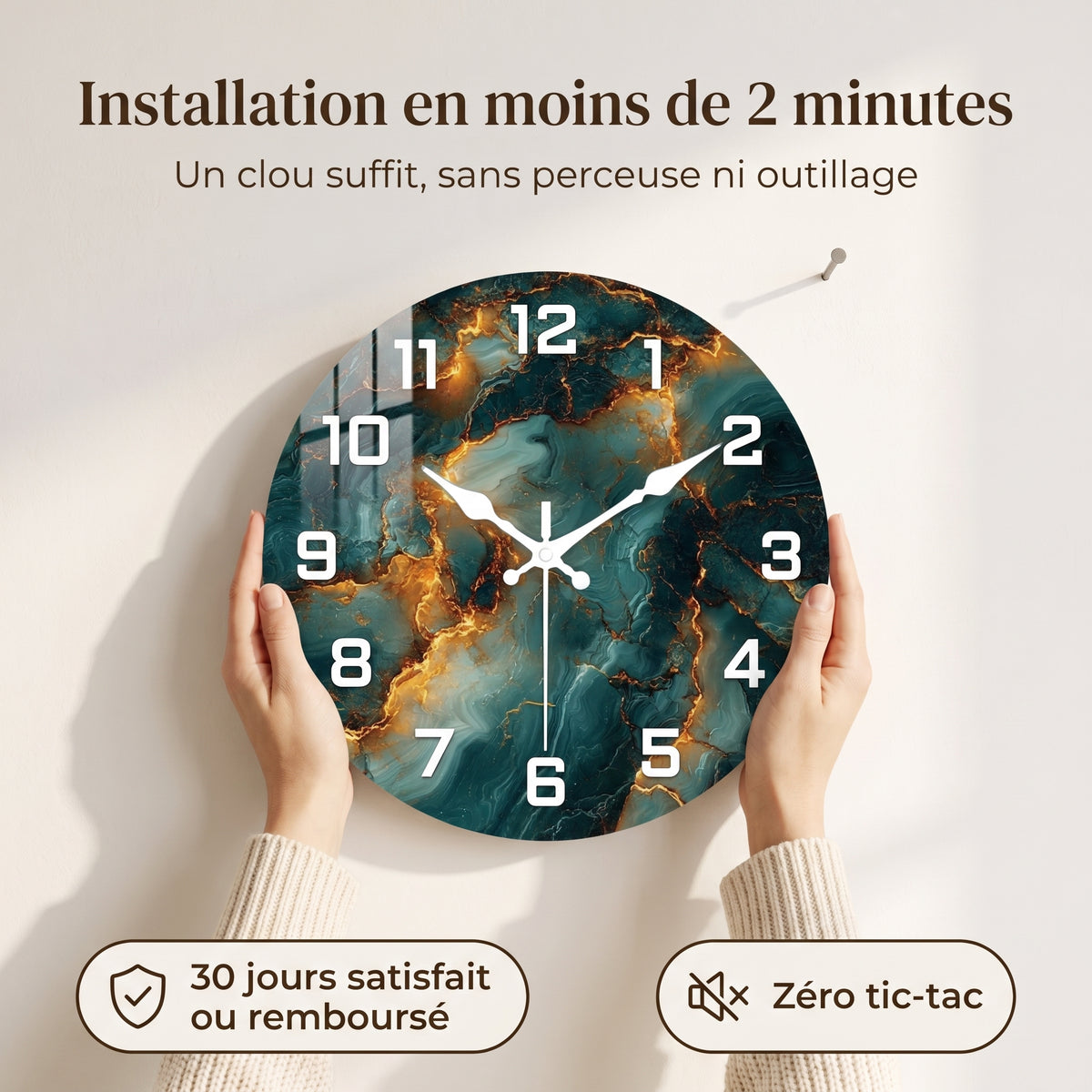 Horloge Murale Design Effet Marbre Bleu Sarcelle et Doré en MDF, Silencieuse et Élégante – Sarcelora
