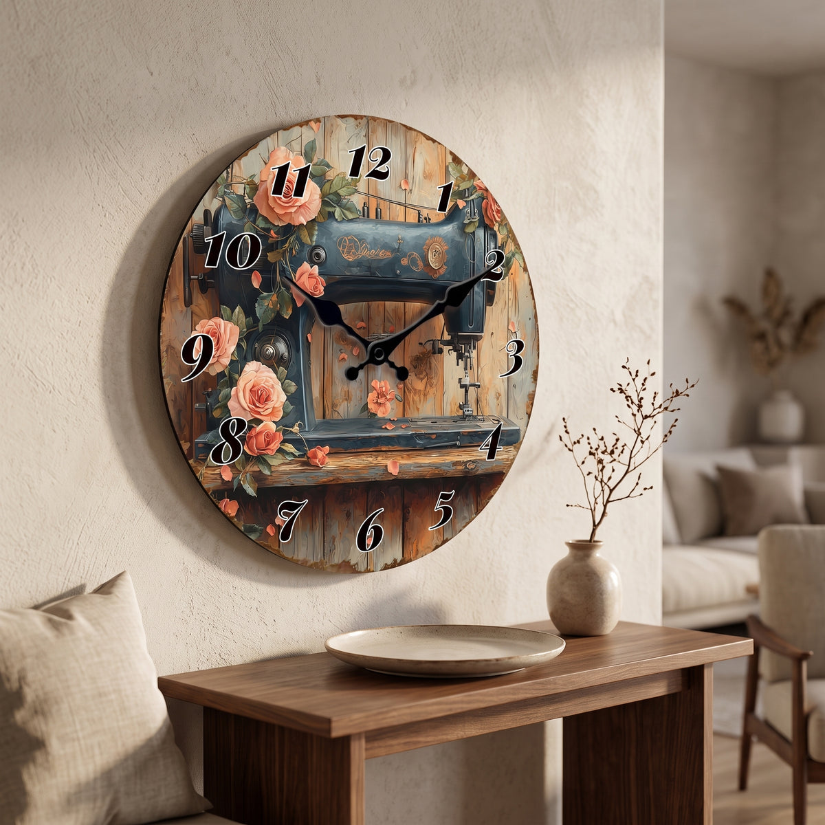 Horloge Murale Machine à Coudre Vintage et Roses, Silencieuse – Brocanta