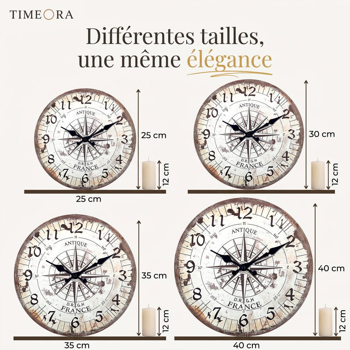 Horloge Murale Vintage Motif Boussole, Silencieuse – Cardinia
