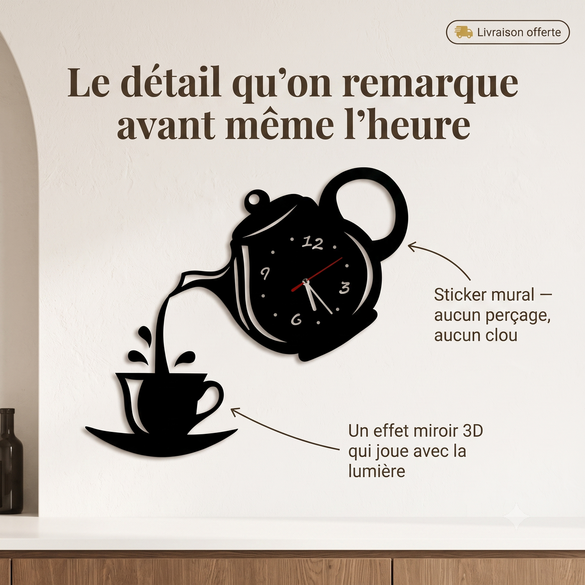 Horloge Murale Design Originale Théière 3D Miroir pour Cuisine, Silencieuse – Théova