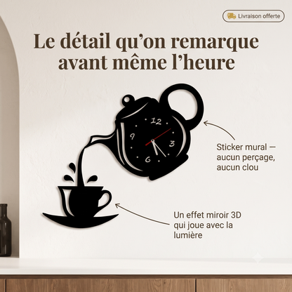Horloge Murale Design Originale Théière 3D Miroir pour Cuisine, Silencieuse – Théova