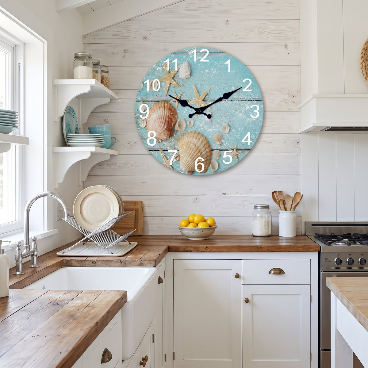 Horloge Murale en Bois Motif Étoiles de Mer, Silencieuse – Coralinne