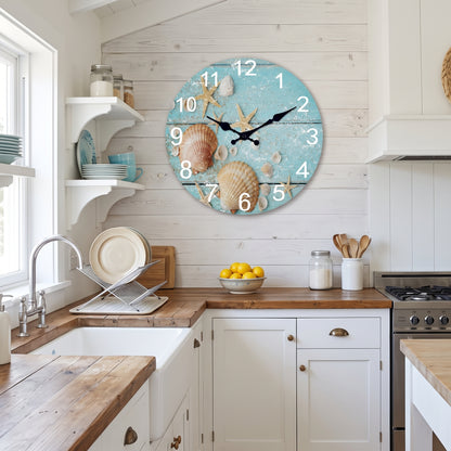 Horloge Murale en Bois Motif Étoiles de Mer, Silencieuse – Coralinne