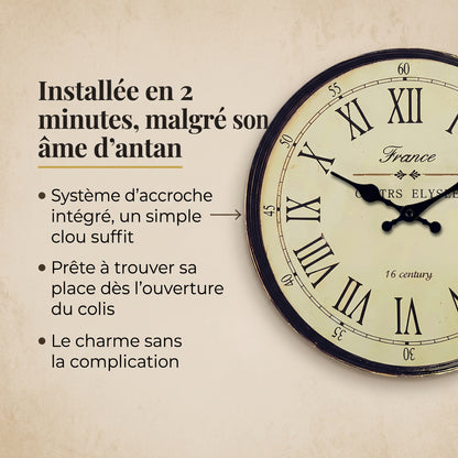 Horloge Murale Vintage Motif Français XVIe Siècle, Effet Bois et Silencieuse – Fontenoy