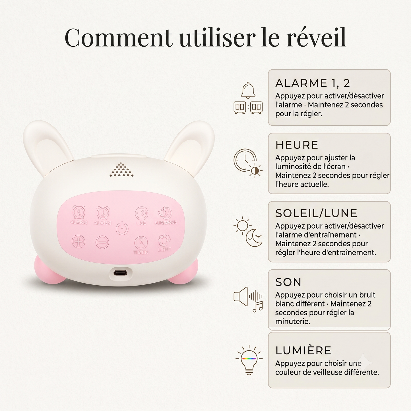 Réveil Enfant avec Entraînement au Sommeil, Sons Apaisants et 5 Motifs – Câlino