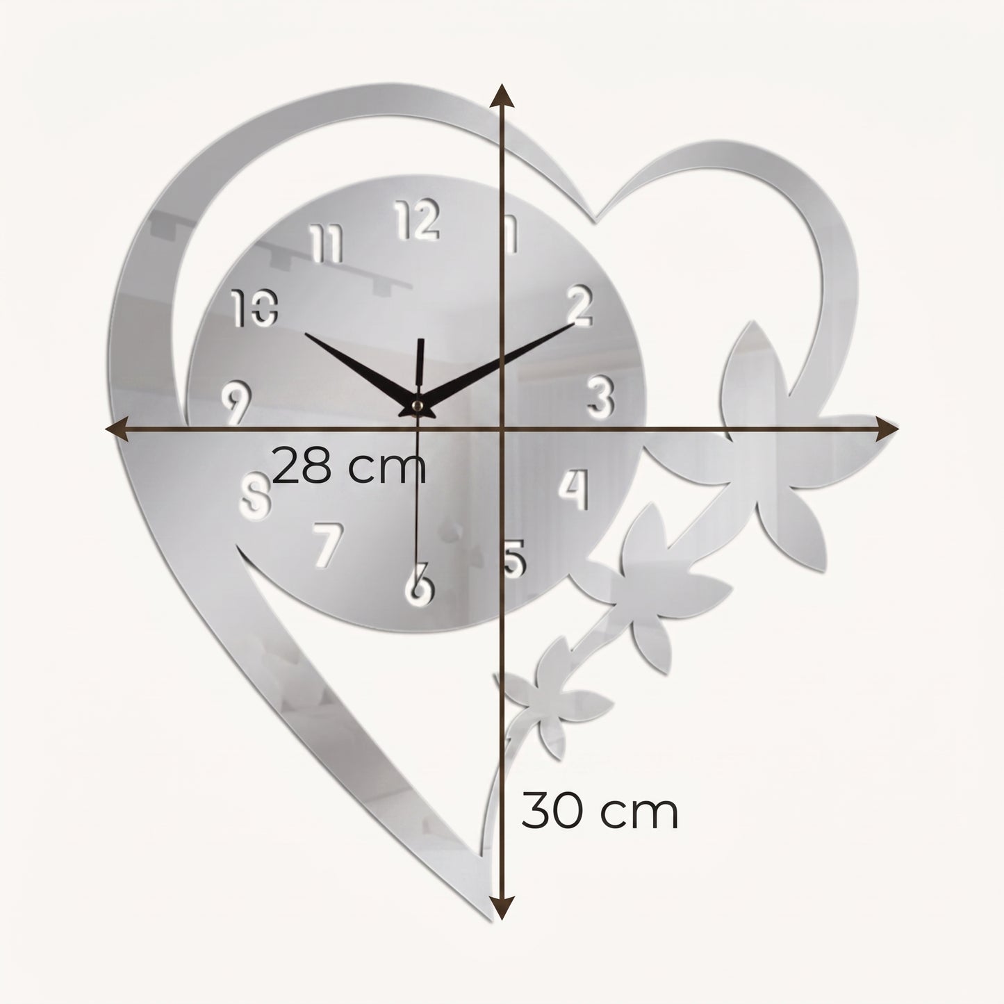 Horloge Murale Design Cœur et Fleur en Acrylique, Silencieuse  – Coeuria