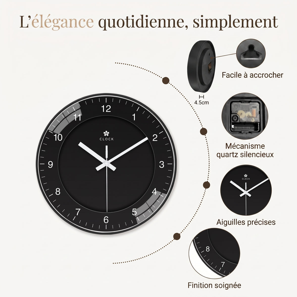Horloge Murale Moderne Noire Simple, Silencieuse et Épurée – Nova