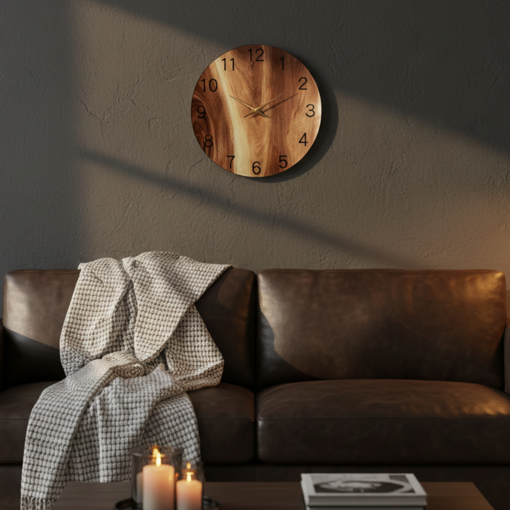 Horloge Murale Design Circulaire en Bois Veiné, Silencieuse et Verre Trempé – Auren