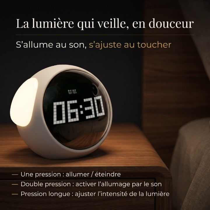 Réveil Enfant Tactile avec Double Alarme, Contrôle Vocal et Veilleuse LED – Doudoo