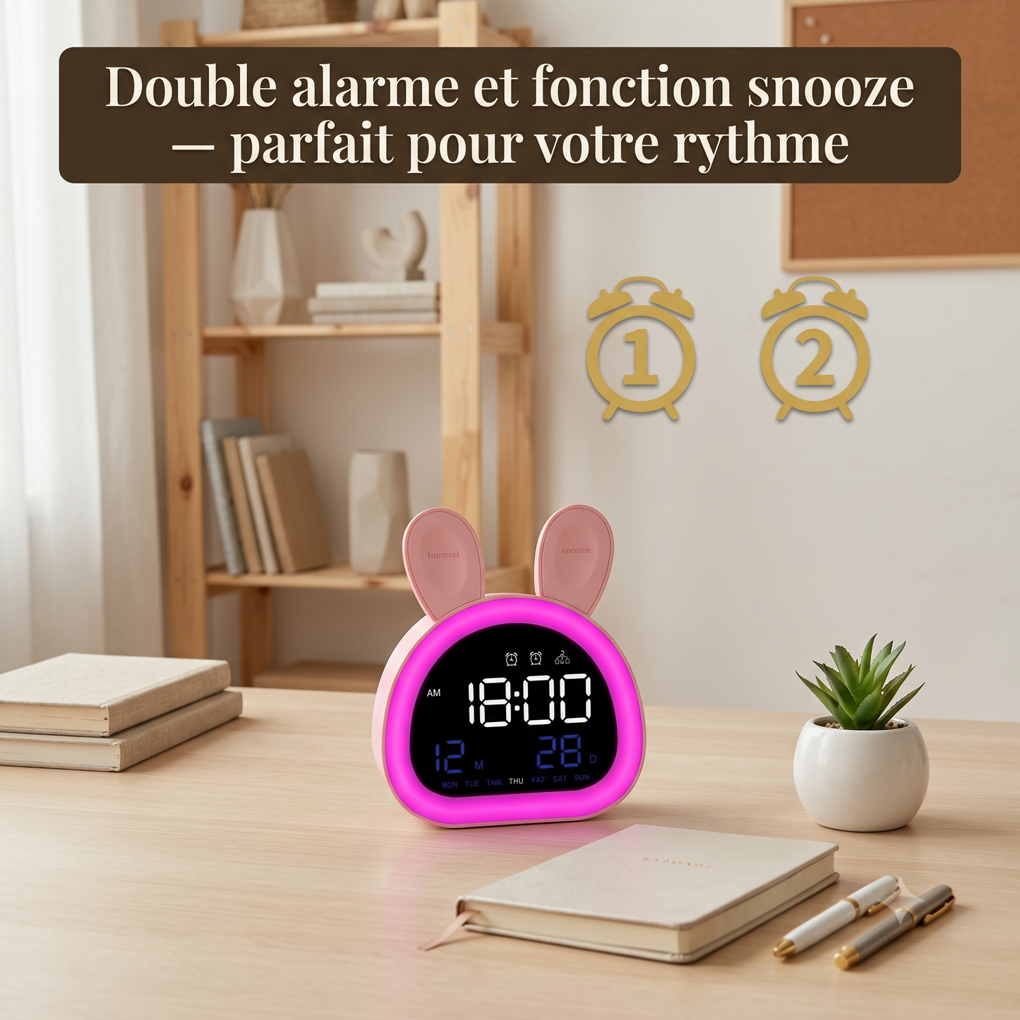 Réveil Enfant Veilleuse Multicolore avec Contrôle Vocal et Calendrier – Lumina