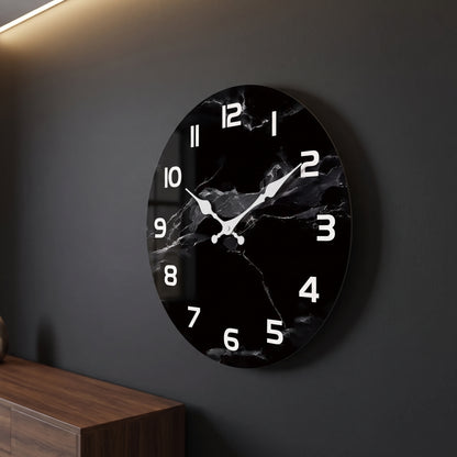 Horloge Murale Design en Bois Effet Marbre Noir, Silencieuse et Épurée – Onyxa