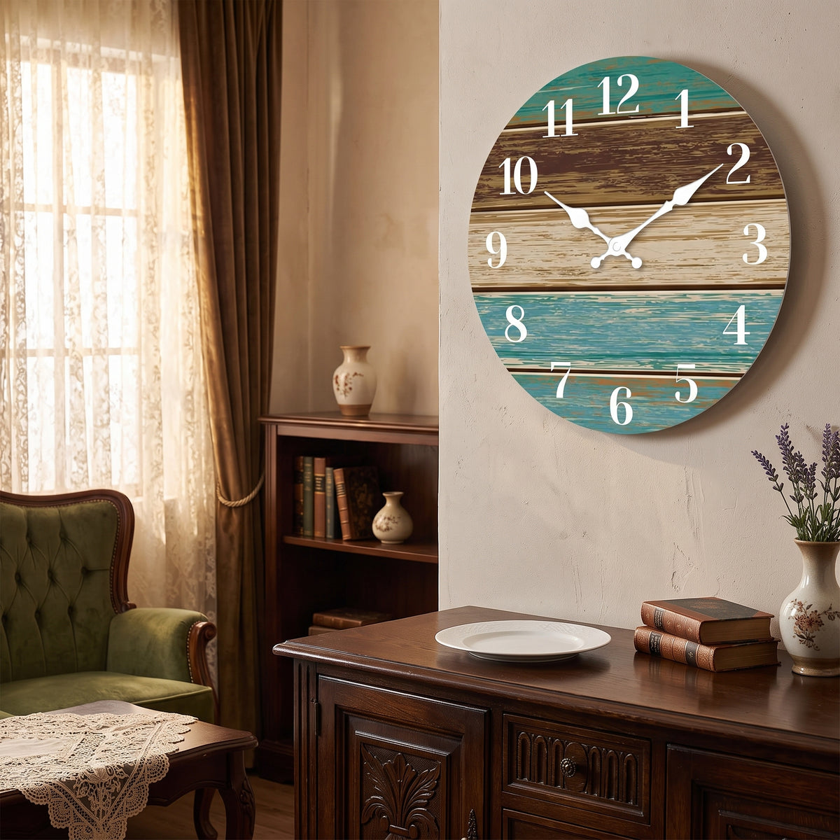 Horloge Murale Originale Silencieuse en Bois, Thème Bord de Mer Bleu et Brun – Côtelia