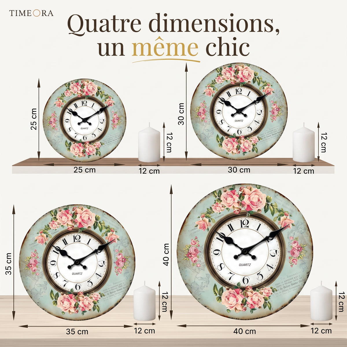 Horloge Vintage Motif Roses en Bois, Silencieuse – Rosalys