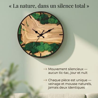 Horloge Murale Design Nature en Résine et Bois avec Mousse, Silencieuse et Unique – Naturova