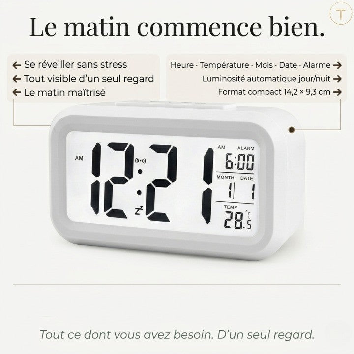 Horloge Numérique LED Grand Écran avec Snooze, Calendrier & Rétroéclairage – Noctira