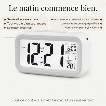 Réveil LED Grand Écran avec Snooze et Calendrier – Noctira